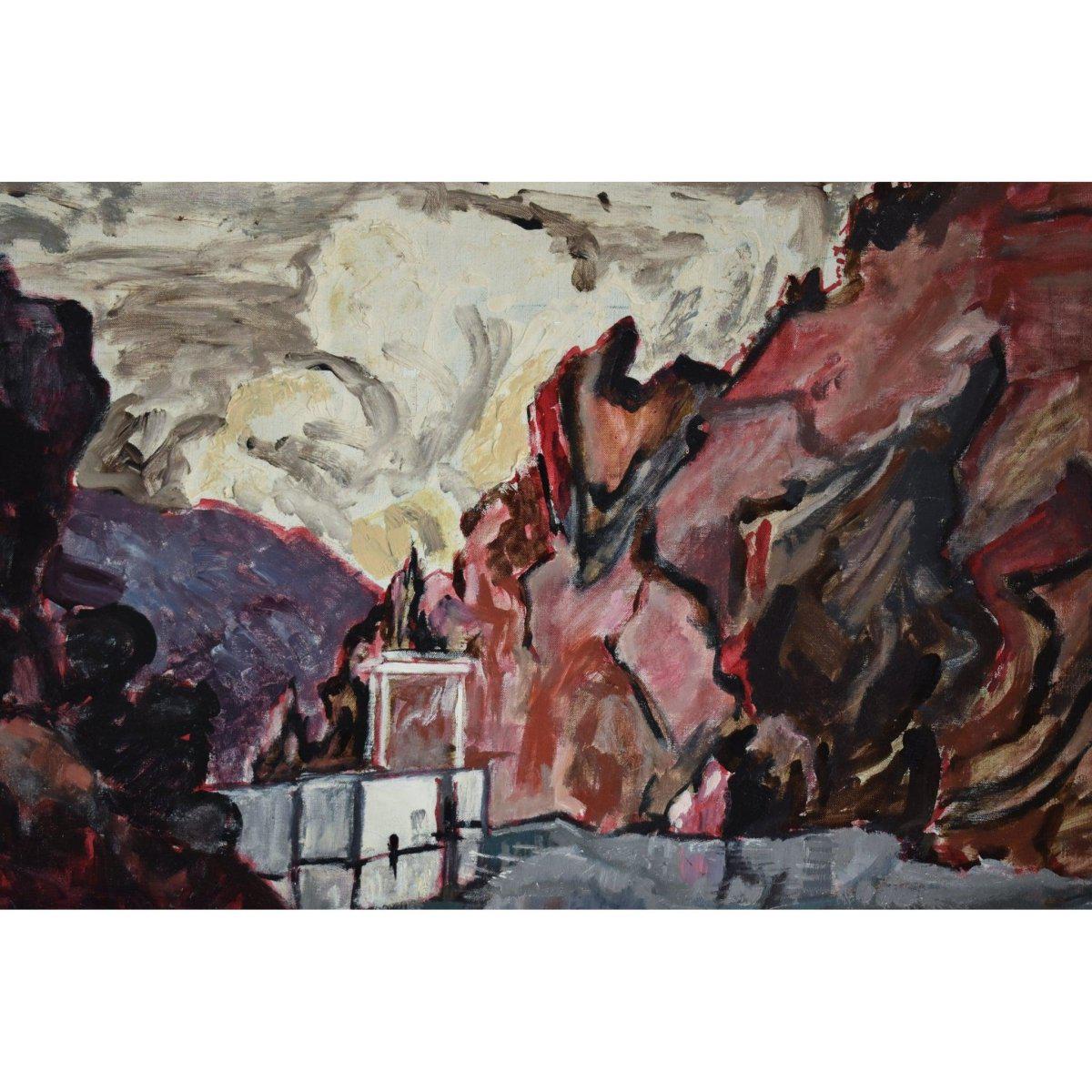 Vintage landscape oil painting mountain dam original circa 1955 by Stephane Cara for sale at Winckelmann Gallery