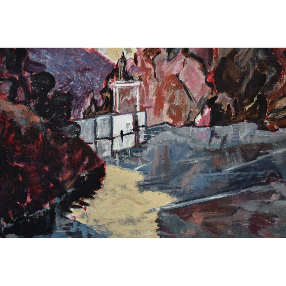 Vintage landscape oil painting mountain dam original circa 1955 by Stephane Cara for sale at Winckelmann Gallery