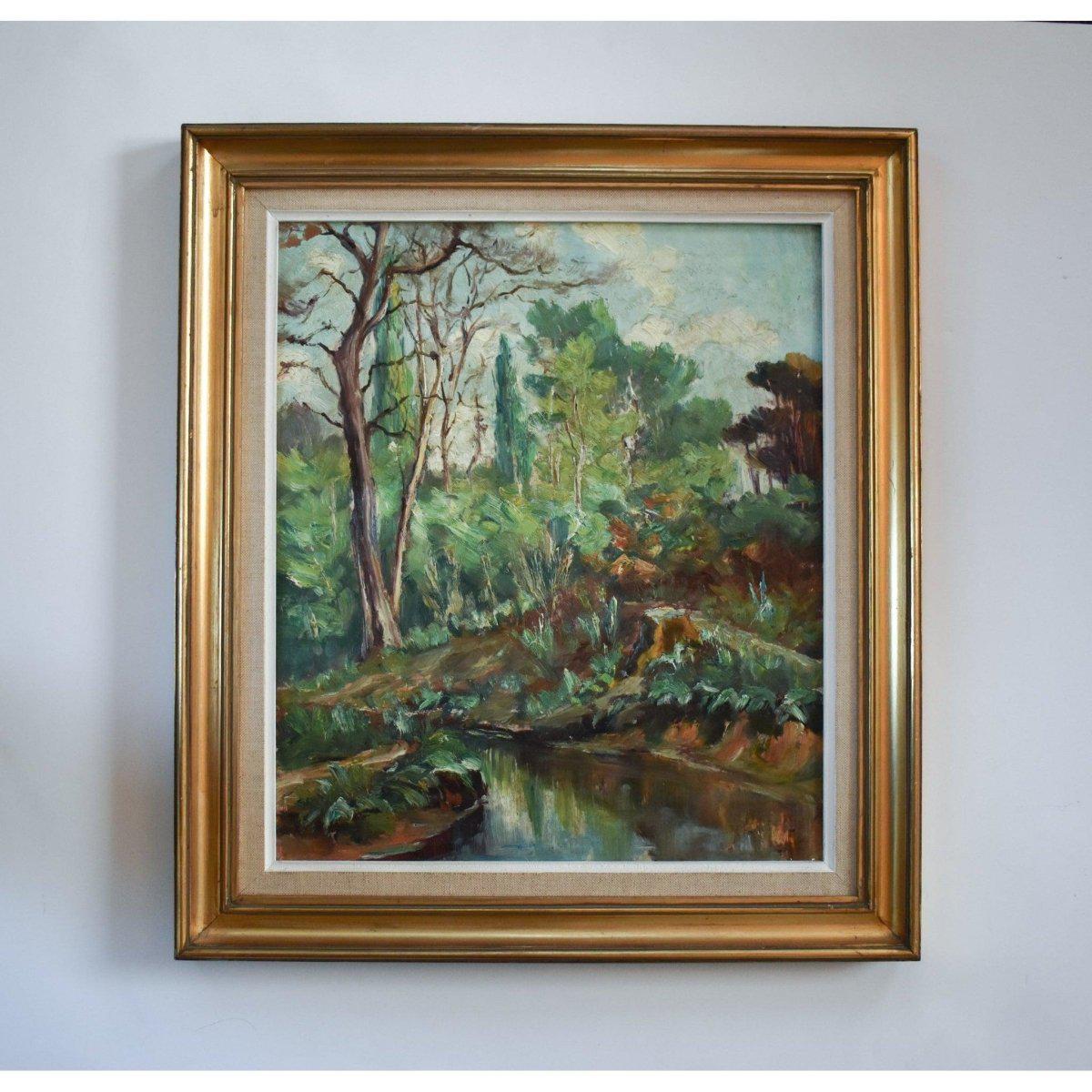 Vintage landscape oil painting forest stream French expressionist art circa 1950 for sale at Winckelmann Gallery
