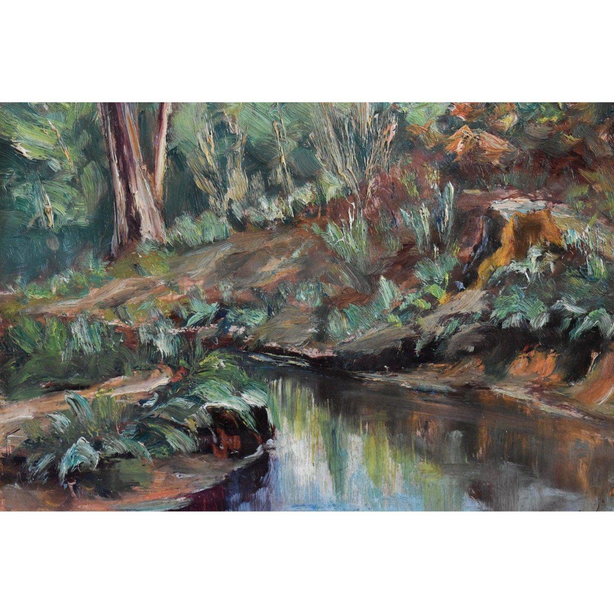 Vintage landscape oil painting forest stream French expressionist art circa 1950 for sale at Winckelmann Gallery