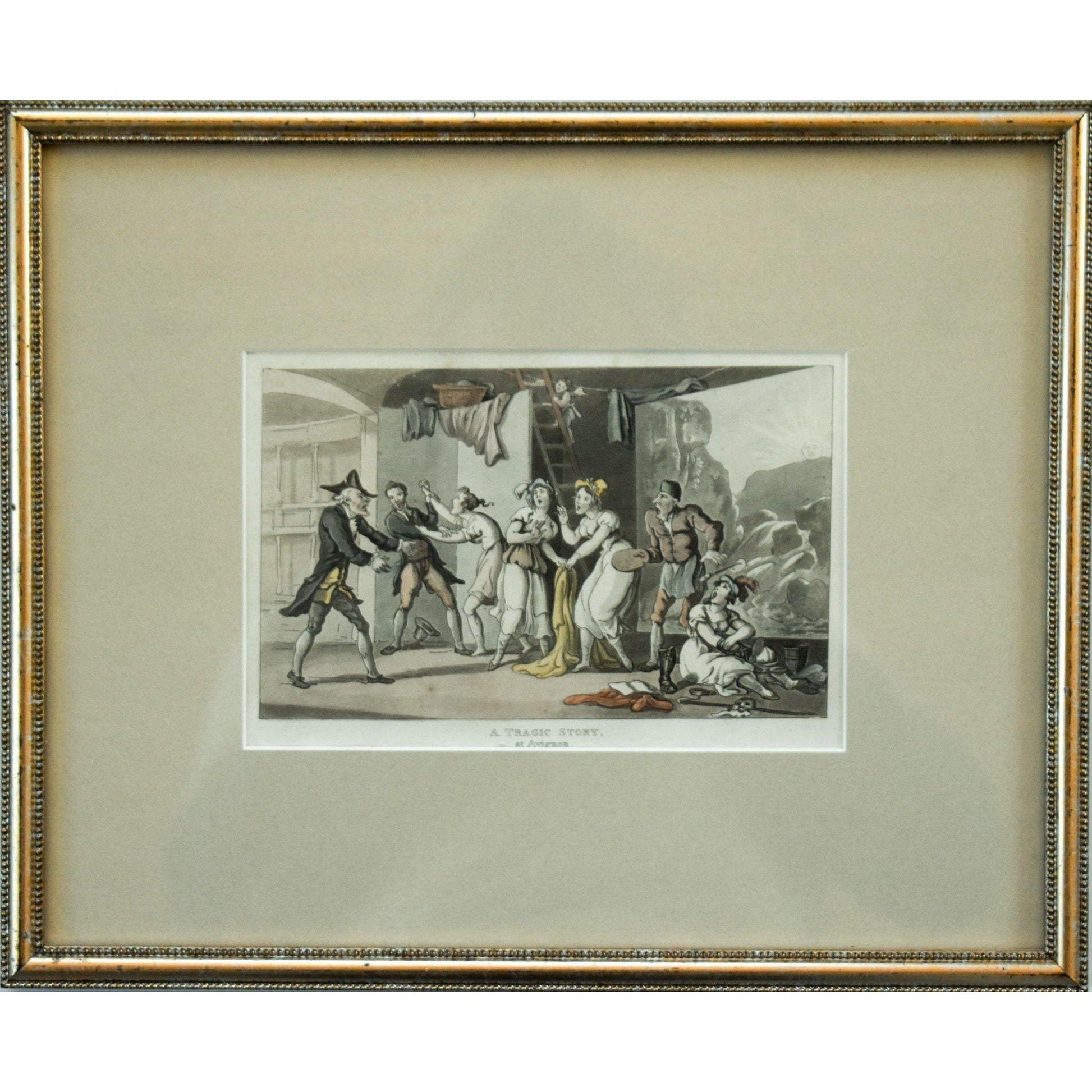 Thomas Rowlandson etching hand-coloured entitled A Tragic Story at Avignon original 1812 for sale at Winckelmann Gallery