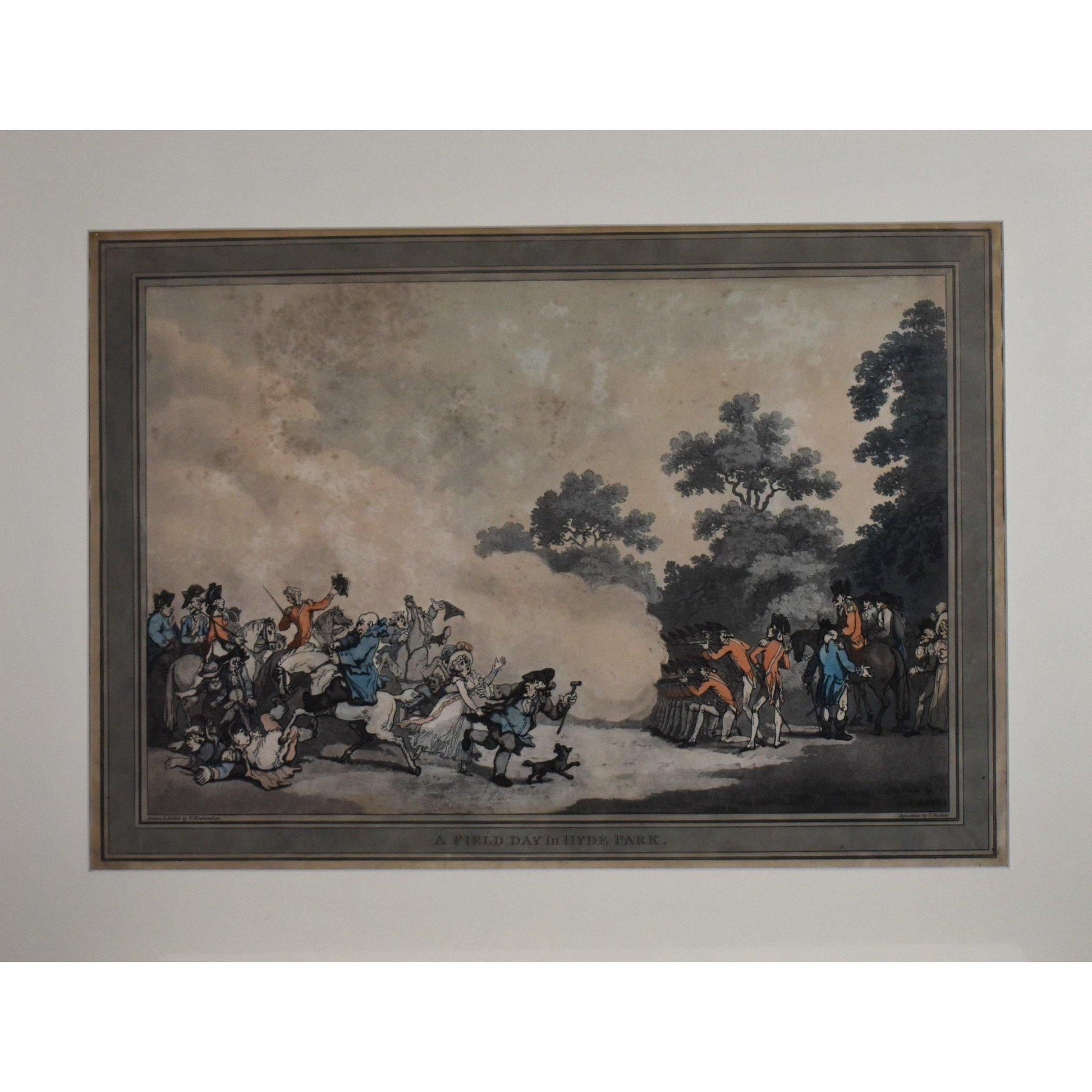 Antique etching aquatint entitled A Field Day at Hyde Park original 1794 by Thomas Rowlandson for sale at Winckelmann Gallery