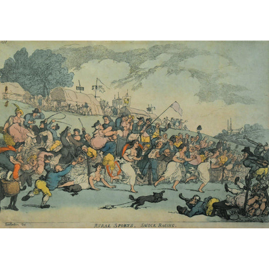 Thomas Rowlandson hand-coloured etching entitled Rural Sports Smock Racing original 1811 for sale at Winckelmann Gallery